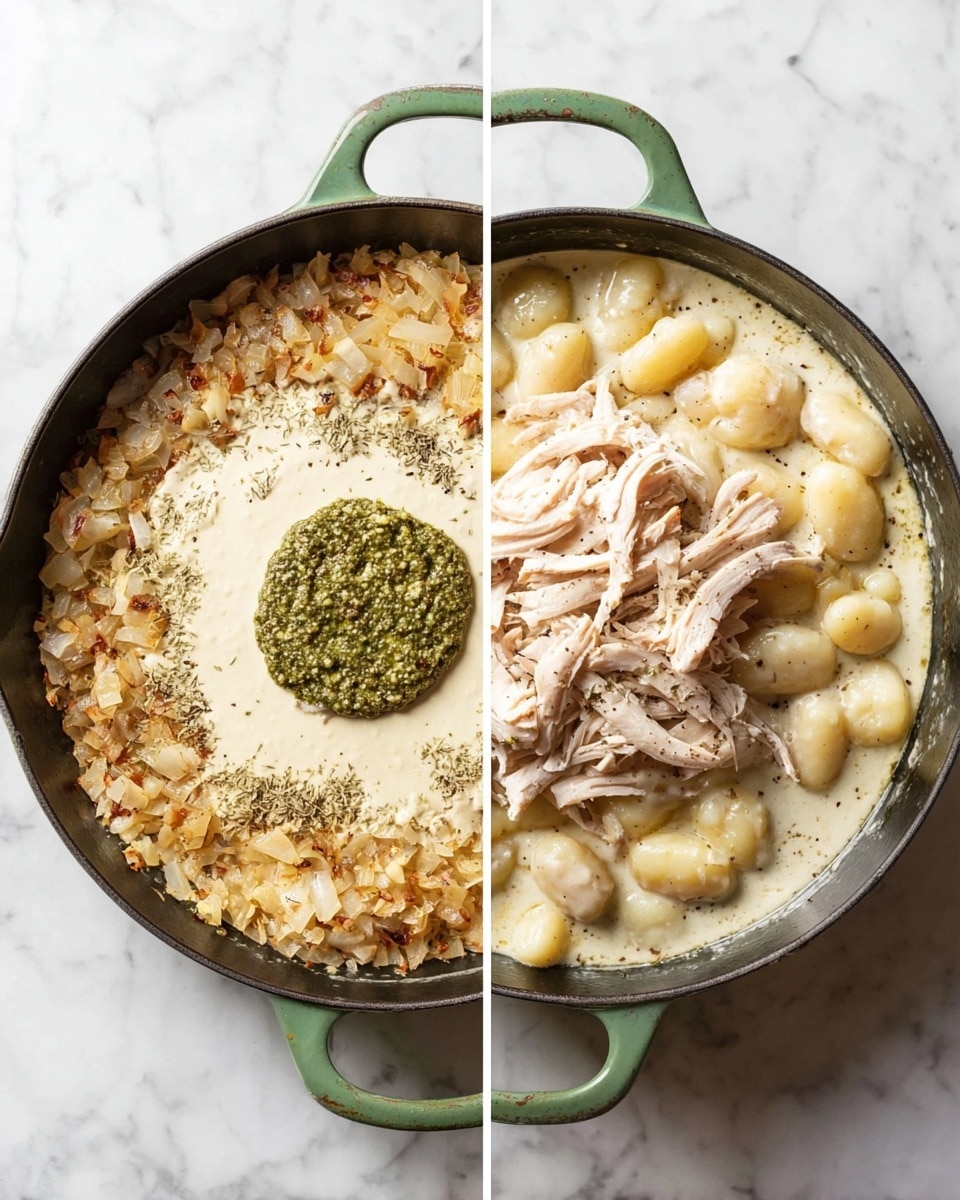 The image shows a green cast iron pan on a white marbled surface with two views side by side. On the left side, the pan holds a mixture with three visible layers: the bottom layer is small chopped onions in a light brown color, the middle layer is creamy off-white sauce covering the onions, and on top of the sauce, there is a round dollop of green pesto sauce in the center with dried herb specks sprinkled on either side. On the right side, the pan holds a finished dish with two layers visible: the creamy off-white sauce with small, plump gnocchi scattered throughout, and a pile of shredded light pinkish chicken placed in the center on top of the sauce and gnocchi. Photo taken with an iphone --ar 4:5 --v 7
