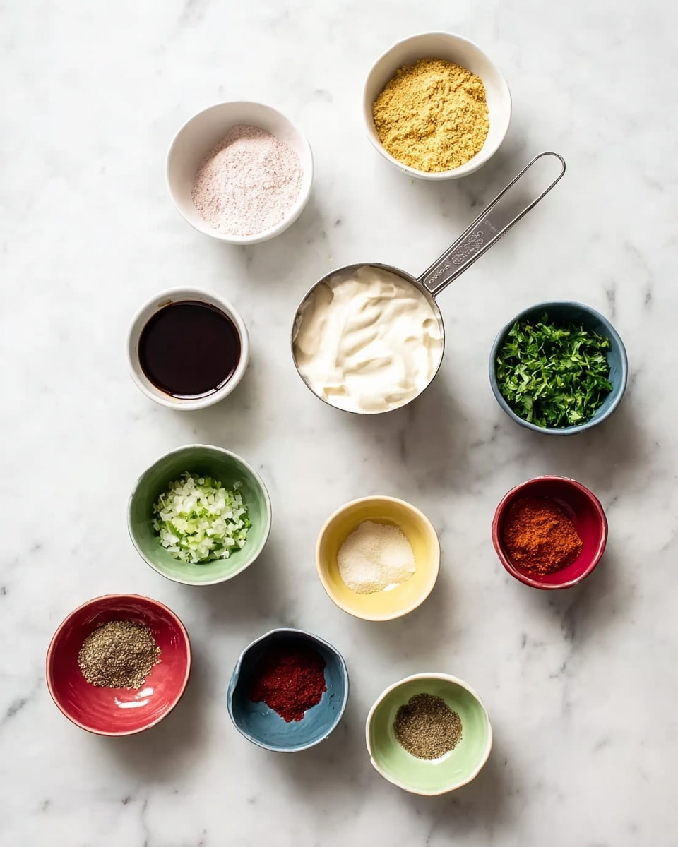 The image shows nine small white bowls and one metal measuring cup arranged in a rough grid on a white marbled surface. Each bowl contains a different ingredient: the top left bowl holds a light pink powder, and next to it on the right is a bowl with grainy yellow mustard. Below the pink powder is a metal measuring cup filled with thick white sauce. The bowl in the middle of the top row contains dark brown liquid. To its right is a bowl with fresh green chopped herbs. The bottom row has five bowls: the left first is dark brown powder, next to it a deep red powder, then pale yellow minced garlic, a red bowl with a brown spice, and a pale green bowl with another brown spice. The bowls and measuring cup show a mix of textures and colors, all centered and spaced evenly on the white marble. Photo taken with an iphone --ar 4:5 --v 7