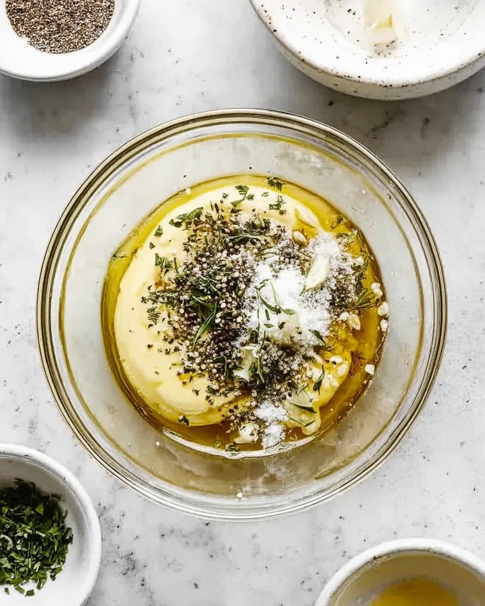 A clear glass bowl sits on a white marbled surface holding a mix of ingredients layered inside: a smooth pale yellow creamy base, topped with a layer of light golden oil, then finely chopped white garlic, sprinkled dark black pepper, white salt, and bright green herbs. Around the bowl are parts of other white bowls with small amounts of ingredients visible. The scene is bright and clean, showing the start of a sauce or dressing. photo taken with an iphone --ar 4:5 --v 7