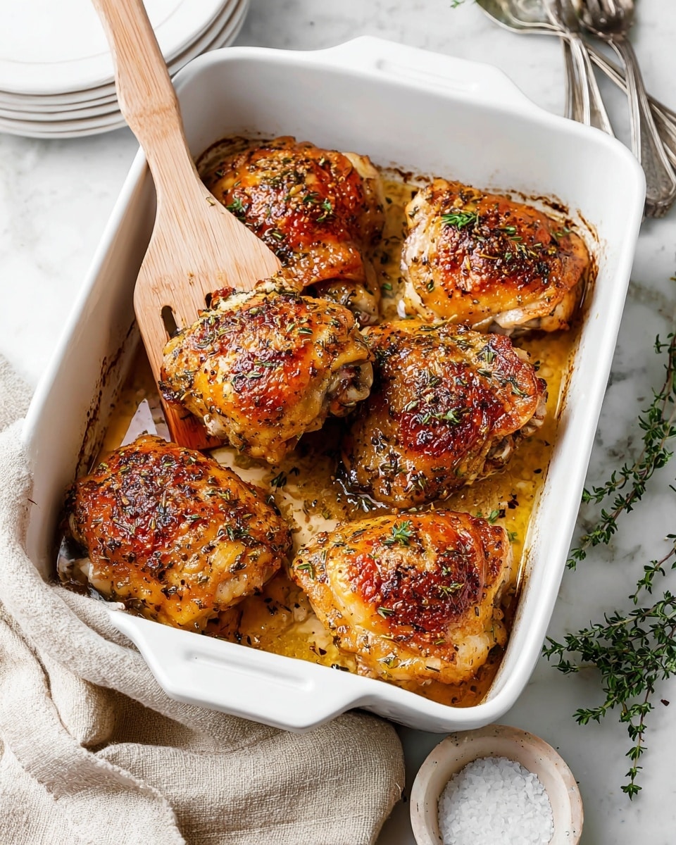 A white baking dish holds six pieces of roasted chicken thighs with golden brown, crispy skin seasoned with herbs and pepper; a wooden spatula lifts one piece near the front, showing juicy meat underneath the crispy skin. The dish is set on a white marbled surface with a beige cloth nearby and a small white bowl holding salt and pepper just beside the dish, while some fresh green thyme sprigs are scattered around. In the background, blurred silver forks and a white plate can be seen. Photo taken with an iphone --ar 4:5 --v 7