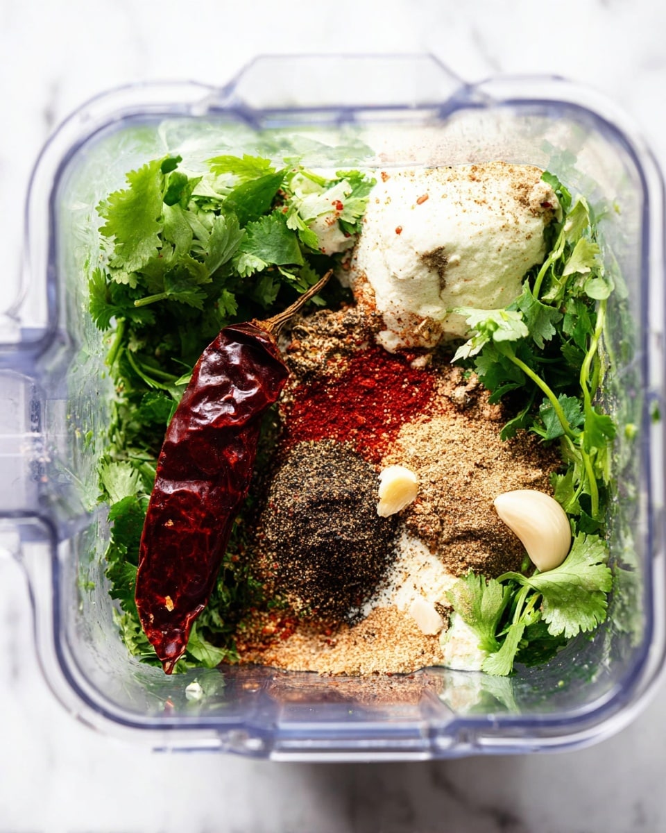 The image shows a clear blender container filled with many ingredients layered closely together. At the bottom and sides, there are bunches of bright green cilantro with leafy texture. Above and scattered around, there are several light beige garlic cloves. On one side, there is a patch of off-white creamy substance. A mix of finely ground spices is layered mainly in the middle, showing dark brown, light brown, black, and bright red powders. A dried reddish-brown chili pepper rests on top of the spices. The blender is placed on a white marbled surface. Photo taken with an iphone --ar 4:5 --v 7