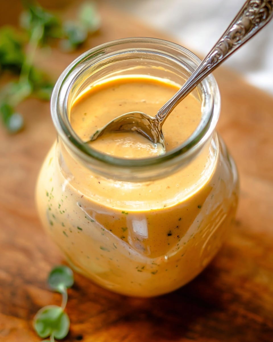 A close-up view of a glass jar filled with a creamy sauce that is light orange with small green and dark specks, showing a smooth but slightly thick texture. Inside the jar, a silver spoon with an ornate handle is partially submerged in the sauce, with some of the sauce clinging to it. The jar is placed on a wooden surface, slightly blurred in the background, with a few green leaves scattered nearby. The light creates a soft shine on the jar's rim and the surface of the sauce. Photo taken with an iphone --ar 4:5 --v 7