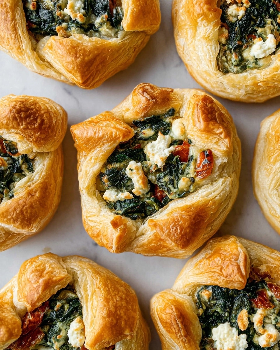Several golden brown puff pastry tarts are arranged closely on a white marbled surface. Each tart features a flaky, layered crust that is thick and puffy around the edges, with the tips folded inward to form a slight border. Inside, the filling consists of dark green spinach pieces mixed with crumbled white cheese and small bits of red tomato, creating a colorful contrast. The texture of the pastry appears crisp and light, while the filling looks creamy and fresh, peeking out from the open center of each tart. Photo taken with an iphone --ar 4:5 --v 7