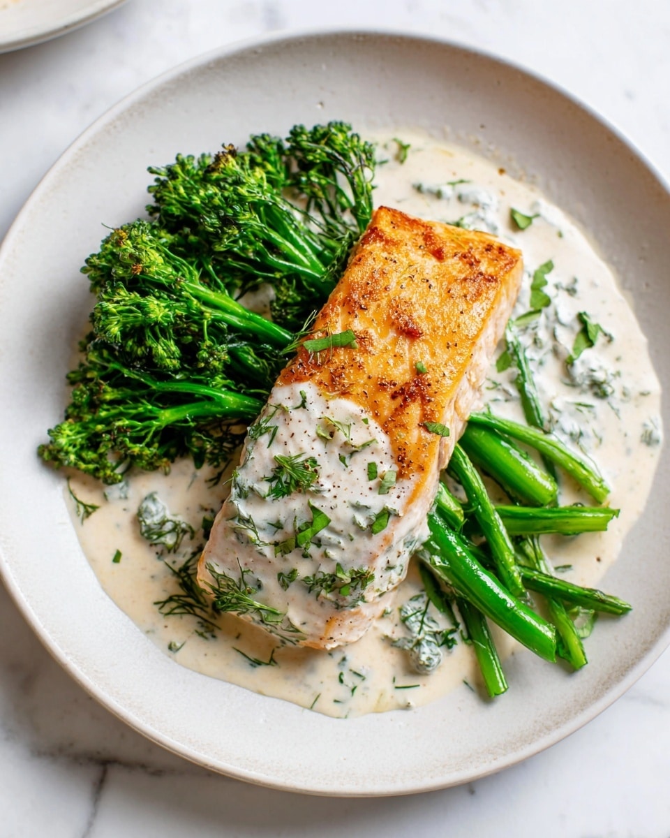 A white plate sits on a white marbled surface, holding a meal with three main layers. The bottom layer is bright green broccolini, with long stems and small florets arranged mostly on the left side of the plate. On top of the broccolini is a creamy white sauce with specks of green herbs, spread unevenly under and around the other layers. The top layer is a thick, golden-brown salmon fillet with a crispy surface and some light shading that shows its texture, placed at an angle covering part of the broccolini and sauce. Photo taken with an iphone --ar 4:5 --v 7