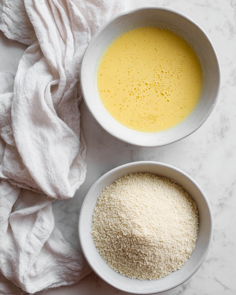 Two white bowls sit on a white marbled surface. The top bowl holds a smooth yellow beaten egg mixture with light froth. The bottom bowl contains a layer of fine, pale beige breadcrumbs with a slightly coarse texture. A soft, crumpled white cloth is placed next to the bowls. photo taken with an iphone --ar 4:5 --v 7