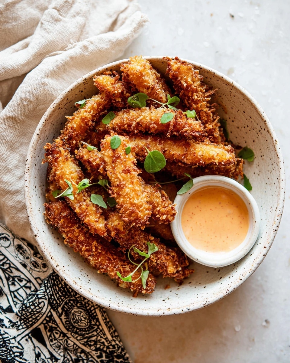 A white speckled bowl is filled with golden brown crispy fried sticks that have a rough, crunchy texture, each piece sprinkled with small green fresh herb leaves scattered on top. On the right side of the bowl, a small white cup contains a light orange creamy dipping sauce. The bowl is placed on a white marbled textured surface with a folded beige cloth nearby and a partially visible black and white decorative cloth underneath the bowl. Photo taken with an iphone --ar 4:5 --v 7