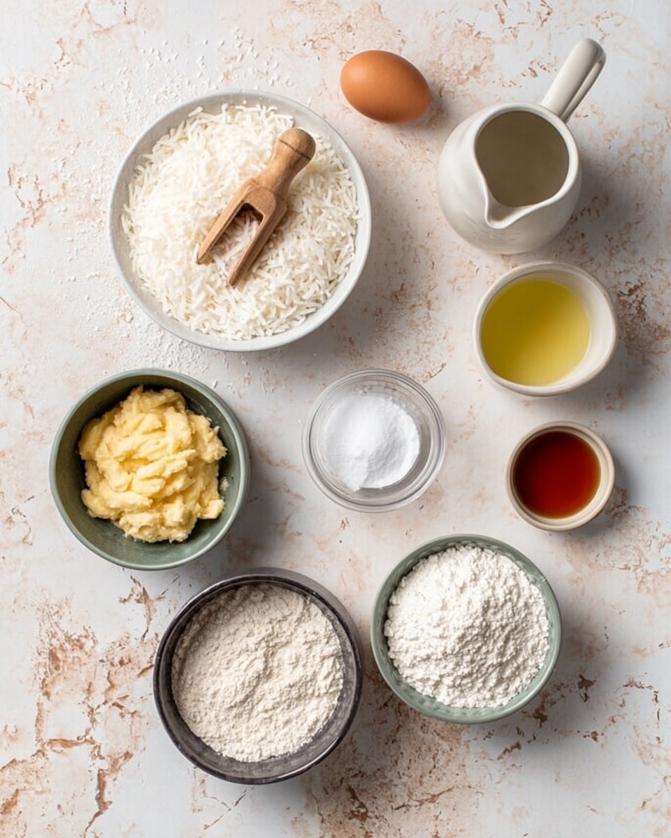 The image shows several bowls and containers with baking ingredients arranged on a white marbled surface. In the top center, there is a white bowl filled with shredded white coconut, with a small wooden scoop on top. To the right of it is a white ceramic pitcher filled with a light yellow liquid, likely oil. Below that pitcher is a small glass bowl with a white powder, probably salt. In the bottom right, there is a white bowl with white flour and a small wooden scoop inside. To the left of that bowl is a dark gray bowl filled with white sugar. Above that sugar bowl, there is a small glass bowl with a light brown liquid, likely vanilla extract. To the left of that, there is a dark gray bowl with mashed yellow banana. In the top left corner, there is a small white bowl holding a single brown egg. Some shredded coconut is scattered around on the marbled surface. photo taken with an iphone --ar 4:5 --v 7