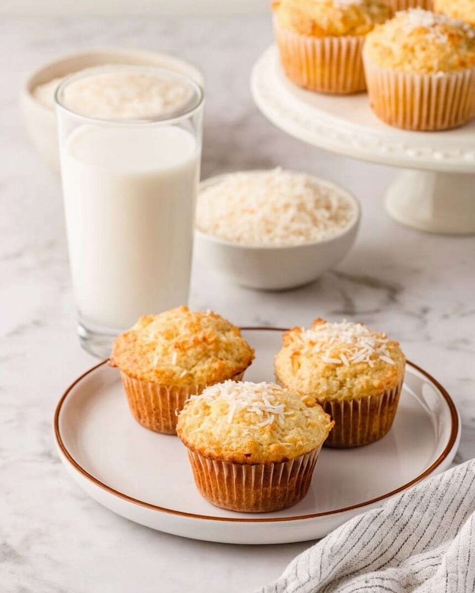 Three golden brown muffins with shredded coconut on top sit on a white plate with a thin brown rim, arranged around a clear glass filled with milk on a white marbled surface. Behind the plate, there is a white bowl filled with shredded coconut and a two-tier white muffin stand holding more muffins. A white and gray striped cloth rests on the bottom right corner. photo taken with an iphone --ar 4:5 --v 7