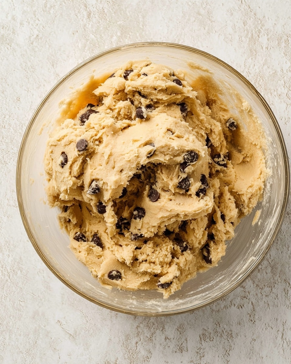 A clear glass bowl filled with thick, pale beige cookie dough mixed with small dark chocolate chips evenly spread throughout. The dough has a creamy and dense texture, with some smooth areas and others showing rough folds and swirls. The bowl is placed on a white marbled surface. photo taken with an iphone --ar 4:5 --v 7