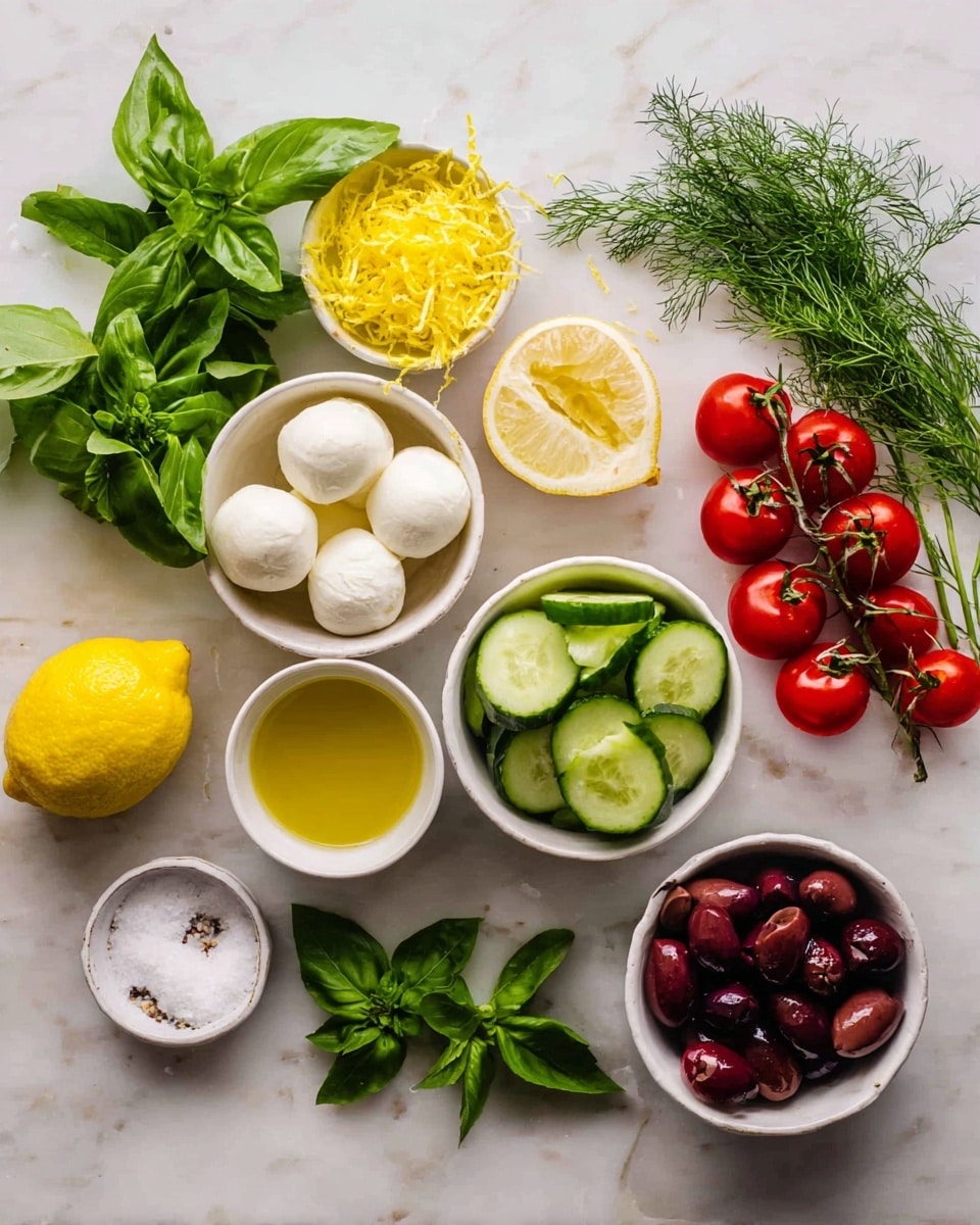 The image shows an arrangement of fresh ingredients on a white marbled surface. There are four small, white bowls placed in a rough square: the top left bowl contains bright yellow lemon zest, the top right bowl holds four soft white mozzarella balls with some green basil leaves beside them, the bottom left bowl has golden olive oil, and the bottom right bowl is filled with dark red olives. To the right of this group, there is another white bowl full of sliced green cucumbers. Below the olive oil bowl, a small white dish holds coarse salt. A halved lemon is placed near the lemon zest bowl, and two clusters of red cherry tomatoes are positioned to the right and top left of the bowls, both with vibrant green stems. Several large fresh basil leaves and sprigs of dill are scattered around the scene. Photo taken with an iphone --ar 4:5 --v 7