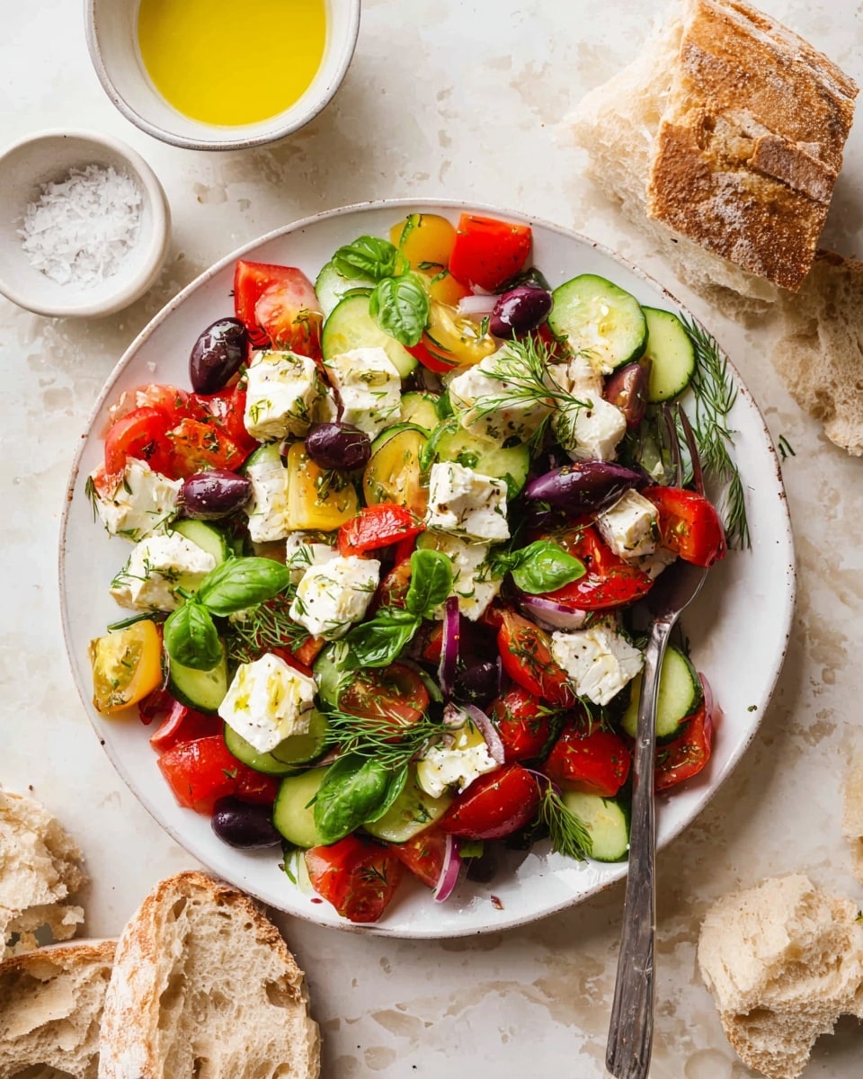 A wide white plate filled with a colorful Greek salad showing three main layers: the base layer has round green cucumber slices, dark purple olives sliced in halves, and bright red tomato chunks scattered all around. The second layer has white creamy cheese pieces unevenly placed on the salad, with torn green basil leaves and small sprigs of dill sprinkled on top. The salad looks fresh with a mix of textures, from smooth cucumbers to soft cheese and crisp tomatoes. Around the plate are pieces of torn light brown bread with a rough texture, a small white bowl of yellow dressing to the left, a small white bowl of coarse salt next to it, and a white marbled textured background. A silver fork lightly touches the salad on the right side. photo taken with an iphone --ar 4:5 --v 7
