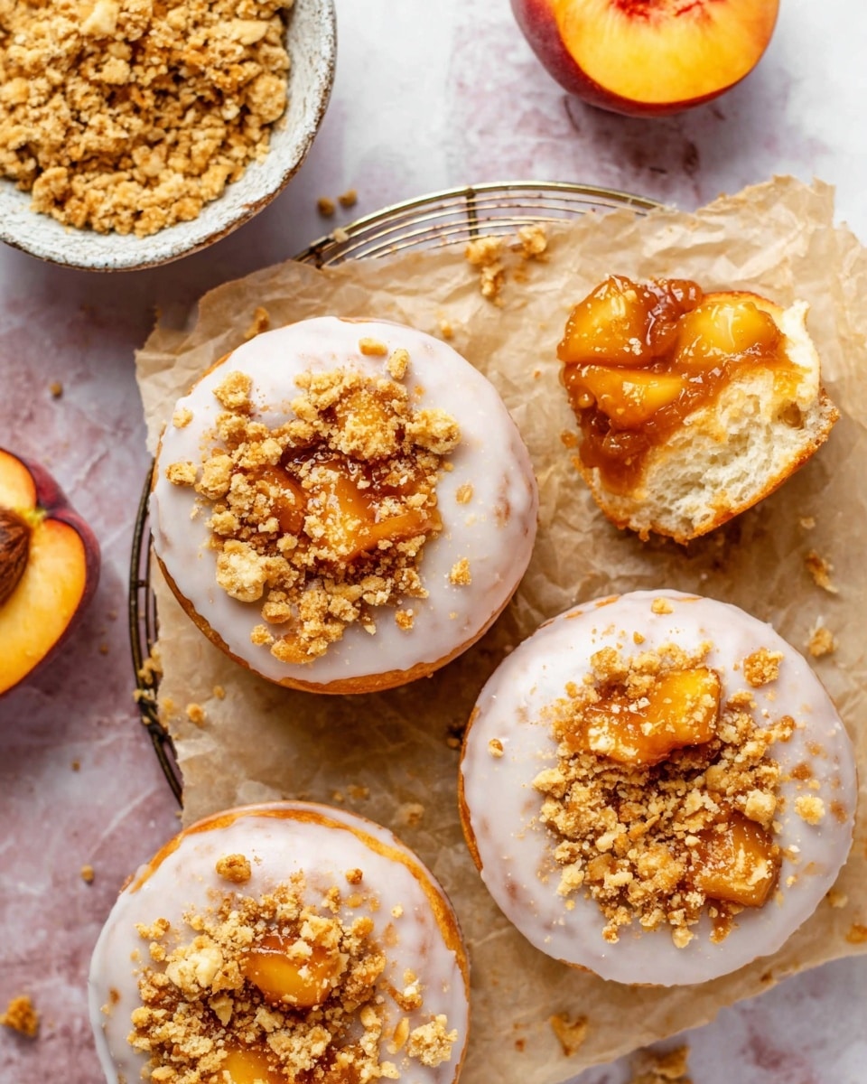 The image shows three round donuts placed on a piece of parchment paper over a wire rack on a white marbled surface. Each donut has a thick white glaze covering the top layer. In the center of the donuts is a dollop of golden brown fruit filling, topped with a crumbly crumble made of small and medium crunchy chunks scattered over the filling and glaze. To the left side, there is a small bowl filled with more crumble, and above it, a halved peach with a glossy orange surface is visible. One donut is partially torn open, showing a soft, light yellow interior with the golden fruit filling inside. photo taken with an iphone --ar 4:5 --v 7