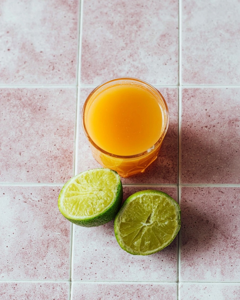 A small glass filled with bright orange juice sits on a white marbled surface with a slightly rough texture. Next to the glass are two halves of a green lime, both showing detailed, juicy pulp inside. The lime halves are placed close to the glass, creating a simple composition against the white marbled background. photo taken with an iphone --ar 4:5 --v 7