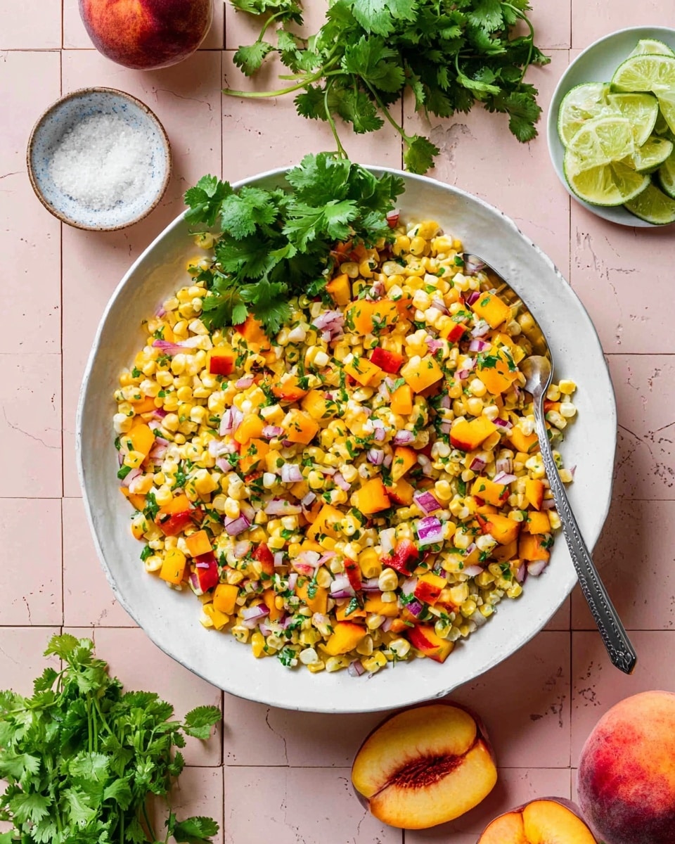 A large white bowl filled with a colorful corn salad, showing three main layers: at the bottom, yellow corn kernels with soft texture; mixed throughout are bright orange and red diced peaches adding a fruity touch; and scattered small pieces of green herbs and red onion bits creating a fresh, textured look. On top, a small bunch of fresh green cilantro leaves rest as a garnish. A silver spoon is partially in the bowl on the right side. Around the bowl, there is a light pink tiled surface with lime halves, green cilantro sprigs, a small bowl of white salt, and a peach cut in half placed nearby. Photo taken with an iphone --ar 4:5 --v 7