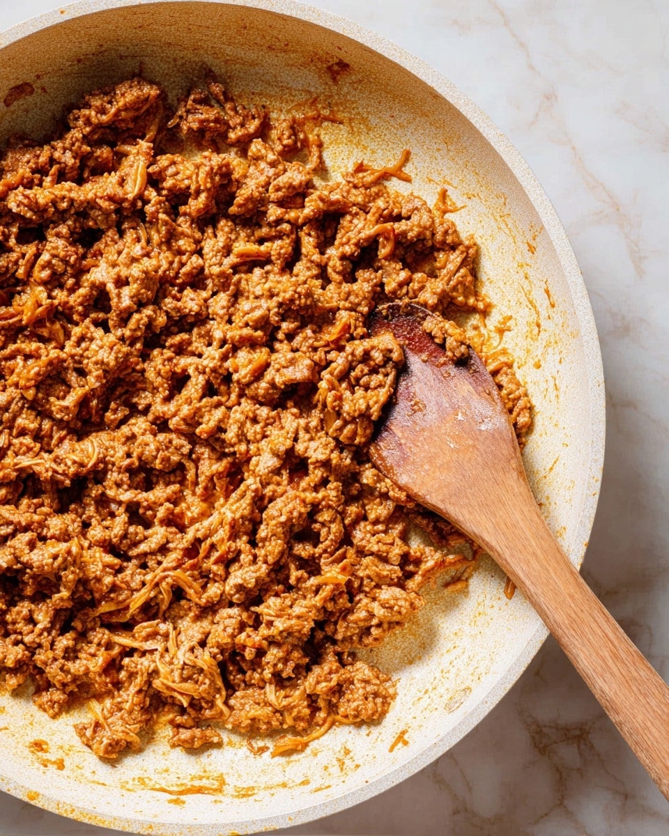The image shows a close-up of cooked ground meat with a reddish-brown color and slightly oily texture in a white pan. The meat is broken into small pieces and spread evenly across the pan, with some bits sticking lightly to the sides. A wooden spoon is scooping some of the meat on the right side of the pan. The background is a white marbled surface. photo taken with an iphone --ar 4:5 --v 7