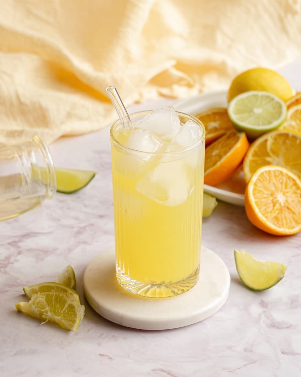 A tall clear glass filled with light yellow juice occupies the center, layered with several white ice cubes on top. A transparent glass straw leans inside the glass from the top left. The glass sits on a small round white marble coaster, placed on a white marbled surface. In the background, a white marble plate holds half-cut citrus fruits in vibrant yellow, green, and orange tones. Scattered around the glass on the surface are small slices of lime and lemon, adding pops of green and yellow. A pale yellow cloth is softly folded on the left side, near a glass citrus juicer. The overall scene is bright and fresh, with smooth textures and soft lighting photo taken with an iphone --ar 4:5 --v 7