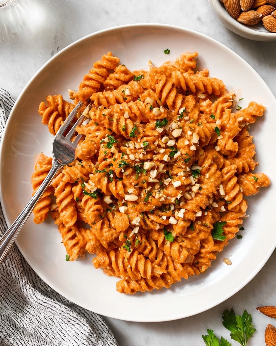 A white round plate holds a layer of tightly coiled rotini pasta, all coated in a smooth orange-red creamy sauce. Small green parsley leaves and chopped brown nuts are scattered evenly on top, adding specks of green and brown to the orange pasta. A silver fork rests on the left side of the plate, nestled into the pasta. The plate sits on a white marbled surface with a corner of a striped cloth and a bowl of almonds visible near the edges. photo taken with an iphone --ar 4:5 --v 7
