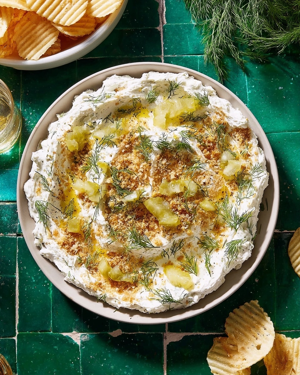 A shallow white bowl filled with a creamy white dip spread evenly as the base layer, topped with golden brown crumbs scattered across the middle and sprinkled with small light green pickle pieces. Fresh sprigs of green dill are spread on top, adding texture and color. There is a light drizzle of golden oil over the dip. The bowl is placed on a dark green tiled surface with baby dill in a white plate at the top edge, and a white bowl partially visible filled with ridged potato chips in the bottom left corner. The scene is bright with natural light. Photo taken with an iphone --ar 4:5 --v 7