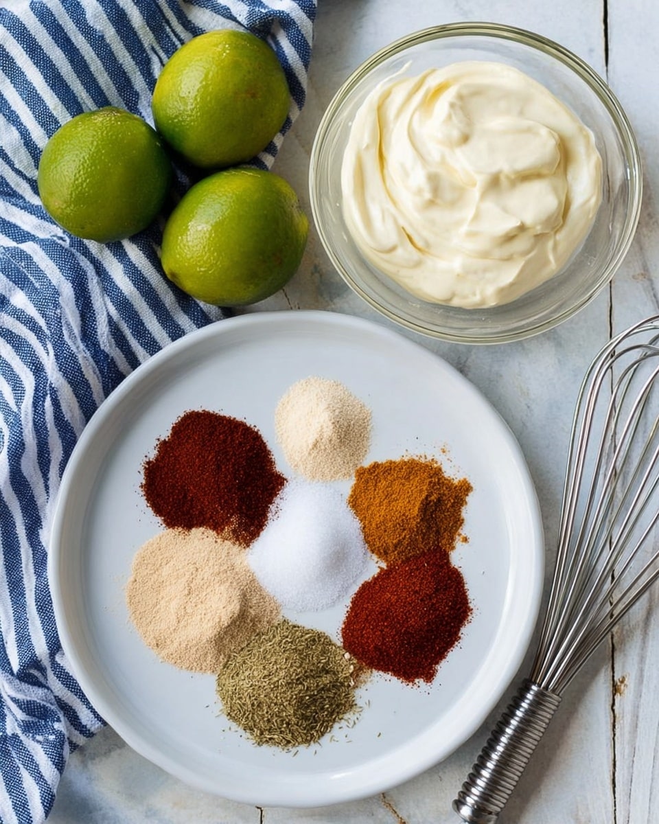 A white plate holds seven small piles of spices arranged in a circular pattern: light beige, dark reddish-brown, curry yellow-brown, white salt, dark green, and two different shades of red chili powder. Above the plate are two clear glass bowls, the larger one filled with smooth white cream and the smaller one filled with thick yellow mayonnaise-like sauce. Two whole green limes sit on the left side on a white wooden-made surface, and a folded blue-striped white cloth is placed above the bowls. A silver whisk is placed at the bottom right corner. The background is a white marbled texture photo taken with an iphone --ar 4:5 --v 7