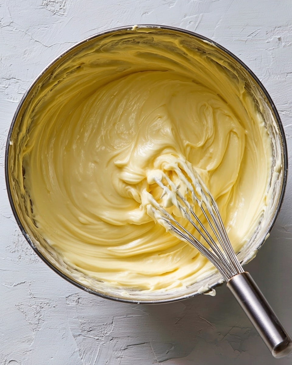 A metal bowl filled with smooth, creamy yellow buttercream frosting swirled thickly inside. A metal whisk is resting in the bowl with some frosting clinging to its thin wires. The surface under the bowl is a white marbled texture. The lighting is soft, showing the glossy, rich texture of the frosting photo taken with an iphone --ar 4:5 --v 7