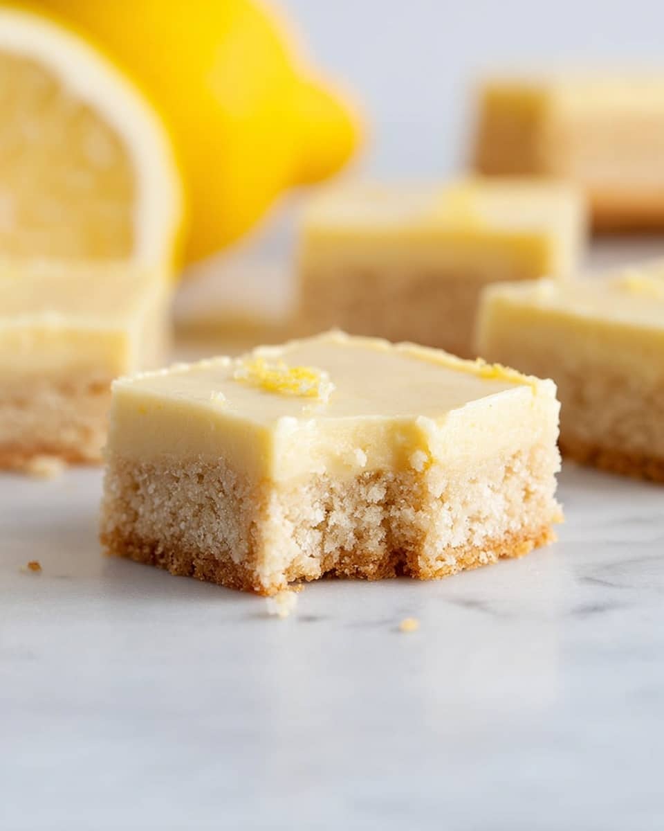 The image shows a square lemon bar with two layers on a white marbled surface. The bottom layer is thick, crumbly, and light golden brown with a texture like a soft cookie or shortbread. The top layer is smooth, creamy, and pale yellow, spread evenly across the bottom layer. The lemon bar has a bite taken out of one side, revealing the soft and slightly crumbly texture of both layers. In the background, there are more lemon bars out of focus along with a halved lemon, adding a bright yellow color contrast. Photo taken with an iphone --ar 4:5 --v 7
