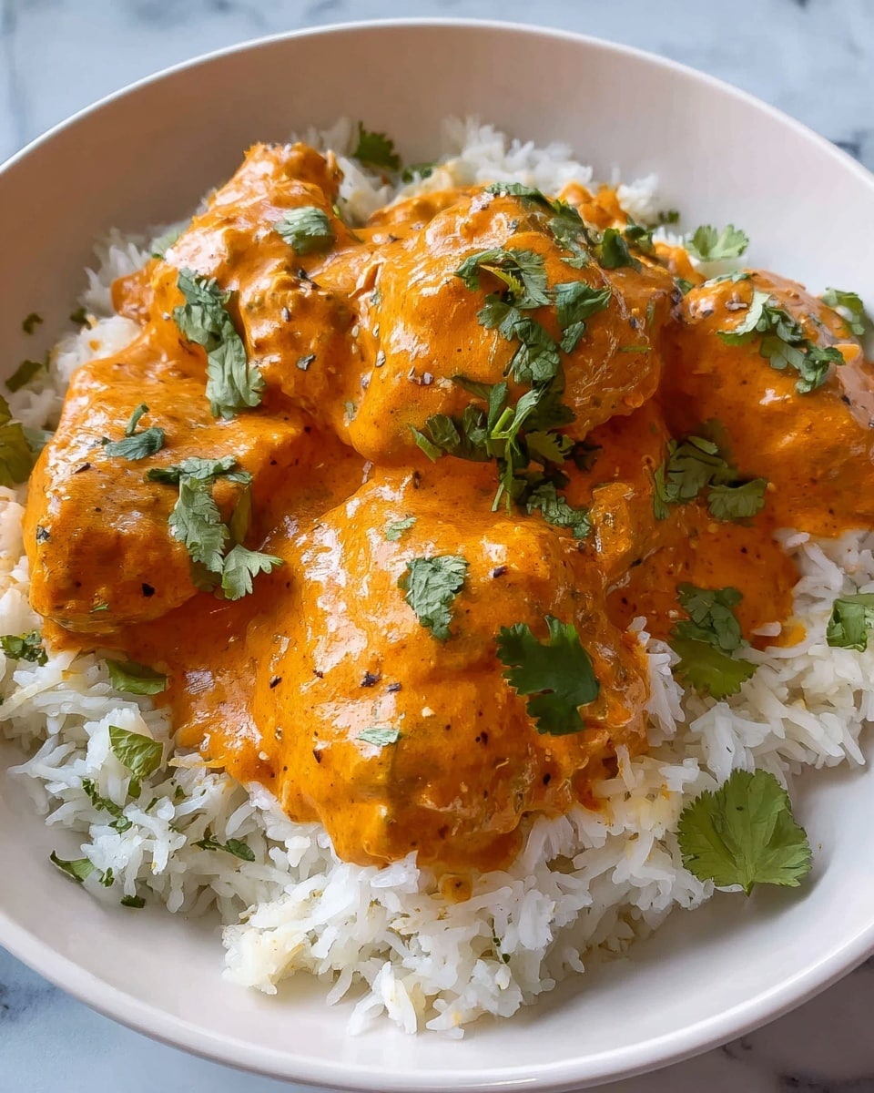 The image shows a white plate filled with two layers of food. The bottom layer is a bed of fluffy white rice with long grains. On top of the rice, there are three large pieces of chicken covered in a thick, orange sauce that looks creamy and smooth, with a few darker spices sprinkled on it. Bright green leaves of fresh cilantro are scattered on the sauce, adding a fresh color contrast. The plate is set on a white marbled surface. photo taken with an iphone --ar 4:5 --v 7