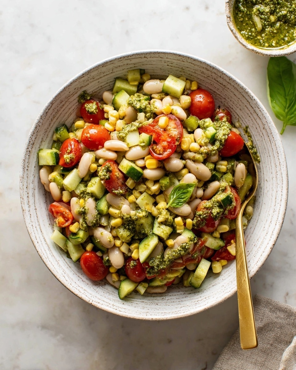 A textured white bowl filled with a colorful mix of white beans, bright red cherry tomato halves, light green cucumber cubes, yellow corn kernels, and darker green chopped peppers, all tossed with a thick green pesto dressing scattered unevenly throughout. A gold spoon rests inside the bowl on the right side, with the spoon’s edge partly buried in the salad. The white marbled surface underneath has a small bowl of green pesto sauce and a couple of basil leaves near the top right corner. Photo taken with an iphone --ar 4:5 --v 7