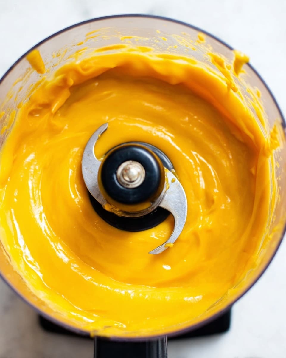 A close-up image inside a food processor bowl shows one smooth, thick, and glossy yellow-orange puree layer evenly spread around the black central blade, which has a silver sharp edge partly visible. The clear plastic bowl has some of the puree splashed on its sides. The background surface is a white marbled texture. Photo taken with an iphone --ar 4:5 --v 7