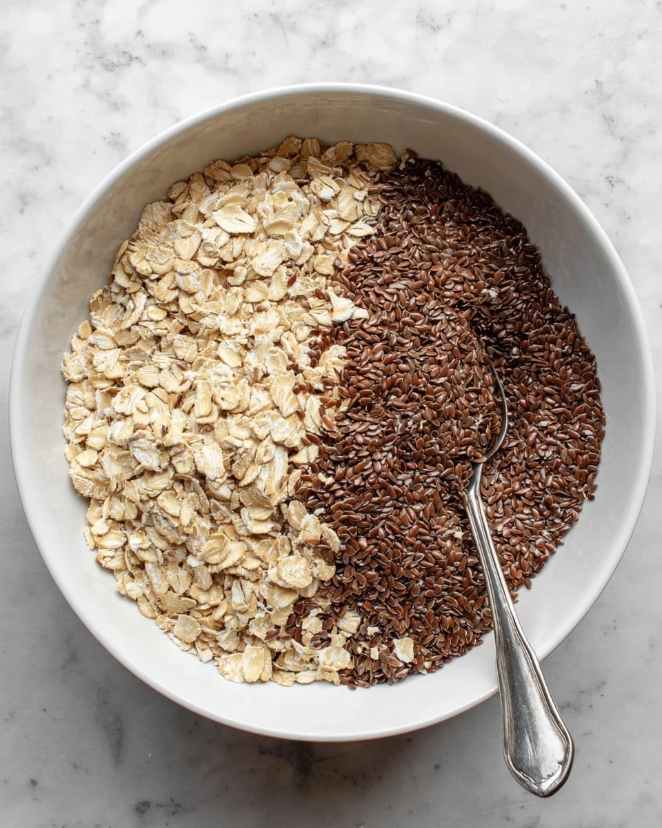 A white bowl filled with two main layers of ingredients forming a divided pattern: on the left side are light beige rolled oats showing a rough, flaky texture, and on the right side are dark brown flax seeds with a small shiny silver spoon partially buried in them near the bowl’s edge, all placed on a white marbled surface photo taken with an iphone --ar 4:5 --v 7