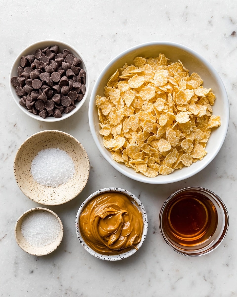The image shows six bowls on a white marbled surface. The largest white bowl in the center is full of light yellow, crispy cereal flakes, with a rough texture. Above it to the left, there is a smaller white bowl filled with dark brown chocolate chips, smooth and shiny. Next to the chocolate chips, a small beige bowl holds coarse white salt with a rough grainy texture. Below that on the left, a small bowl with a speckled pattern contains white coconut oil, soft and creamy. On the right side of the cereal bowl, there is a small bowl with dark amber liquid, smooth and glossy, and next to it a clear glass bowl contains thick light brown peanut butter with a smooth, creamy surface. All bowls are neatly arranged and the photo is taken from above showing clear textures and colors of each ingredient, photo taken with an iphone --ar 4:5 --v 7