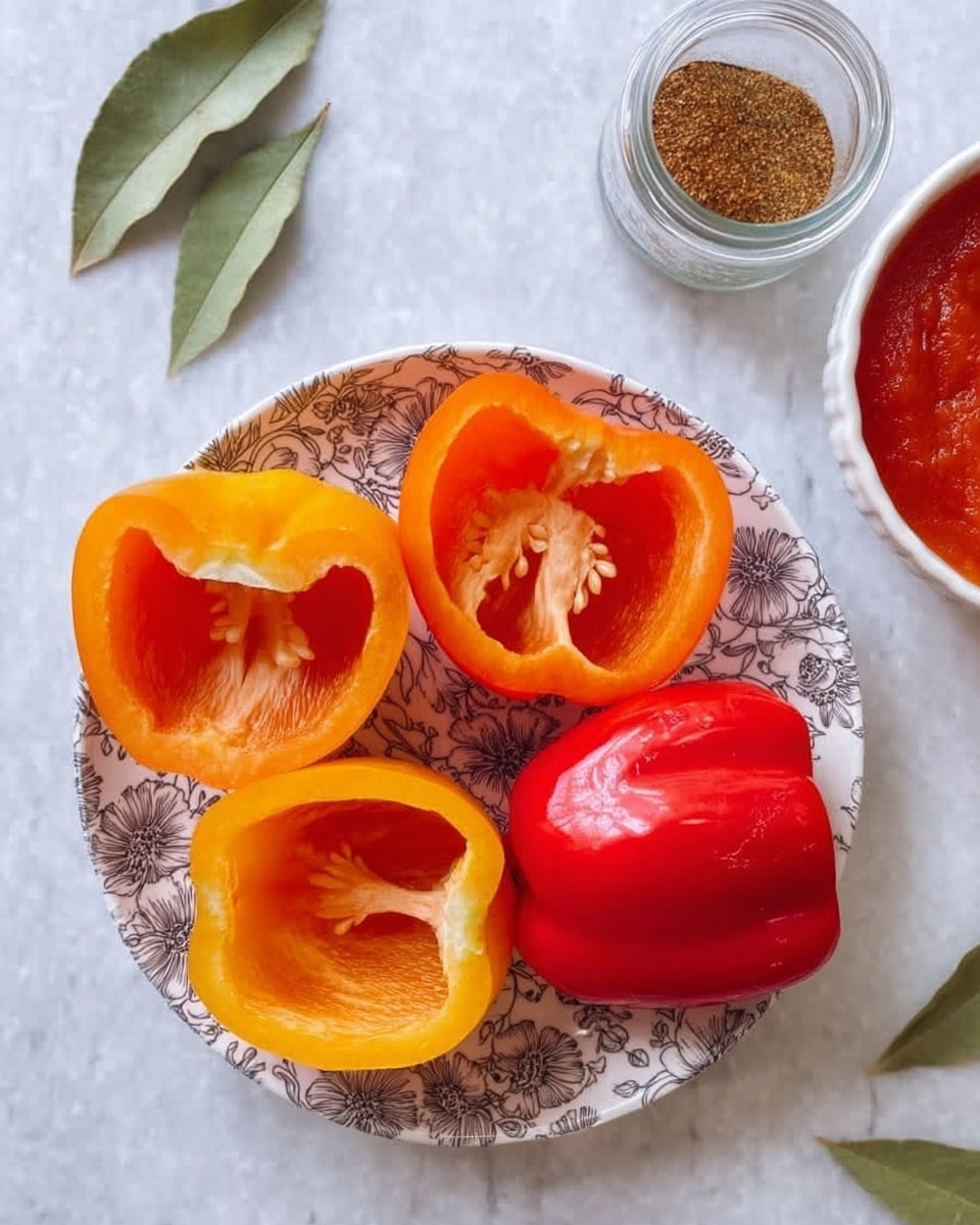 The image shows a white plate with a floral gray pattern, holding four halved bell peppers. Two are bright orange and placed at the top left and center left, while two are red and positioned bottom left and center right. Each pepper half shows the hollow inside with smooth, shiny texture and visible white ribs. The plate is on a white marbled surface, with two dry green leaves and two small glass jars filled with brown spice placed nearby. On the right edge of the image, part of another white bowl with red tomato sauce is visible. Photo taken with an iphone --ar 4:5 --v 7