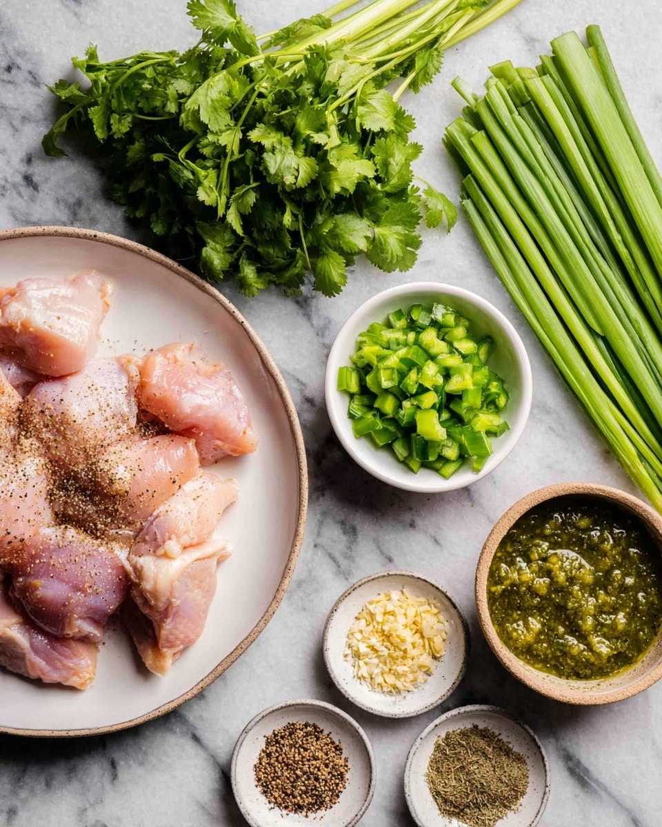 The image shows several ingredients laid out on a white marbled surface. On the left side, there is a white plate with raw pink chicken pieces sprinkled with a light layer of black pepper. Next to the plate, a bunch of fresh green cilantro sits loosely. To the right, there are several long green onions placed in a row. Above the onions, there are three small white bowls: one contains a green sauce with a thick texture, another has chopped green peppers and minced garlic side by side, and the last one holds an array of dry spices including light beige, dark brown, and green herbs. The overall setup is neat, colorful, and fresh. photo taken with an iphone --ar 4:5 --v 7