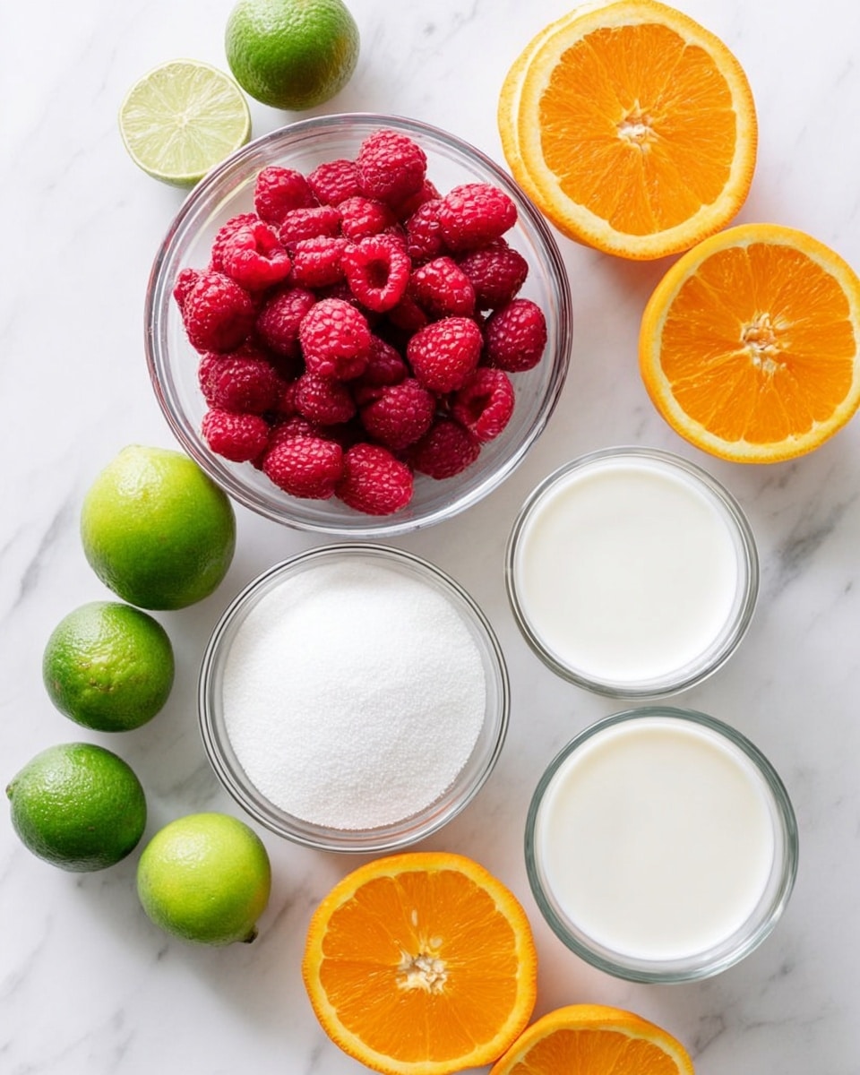 The image shows a white marbled surface with several clear glass bowls and whole and halved fruits arranged neatly. In the center is a clear glass bowl filled with bright red raspberries, showing a soft, bumpy texture. Below it is another clear glass bowl full of fine white sugar, smooth and powdery. To the right of the sugar bowl are two small clear glasses, one filled with a white liquid that looks like milk and the other with a thicker white liquid. Around these are whole green limes, one halved to show a shiny, light green juicy interior, and whole and halved bright orange oranges, revealing a vibrant, juicy, segmented inside. The arrangement is bright and fresh, set on the clean white marbled background. photo taken with an iphone --ar 4:5 --v 7