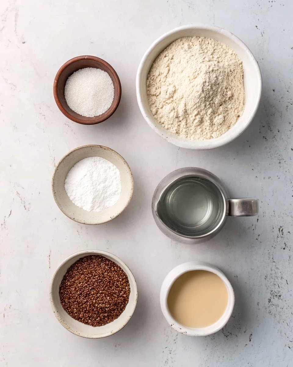 The image shows six bowls and a small metal pitcher arranged neatly on a white marbled surface. At the top right, a large white bowl is filled with a light beige powder that looks like flour. To its left, a small brown bowl contains white powder and a small pile of granules side by side. Below that, a small white bowl holds a fine white powder. In the center, there is a small metal pitcher filled with clear liquid. At the bottom left, a small white bowl contains coarse brown granules. Finally, at the bottom right, a small white bowl has a creamy beige liquid inside. The setup is clean and evenly spaced, showing all the ingredients clearly. photo taken with an iphone --ar 4:5 --v 7