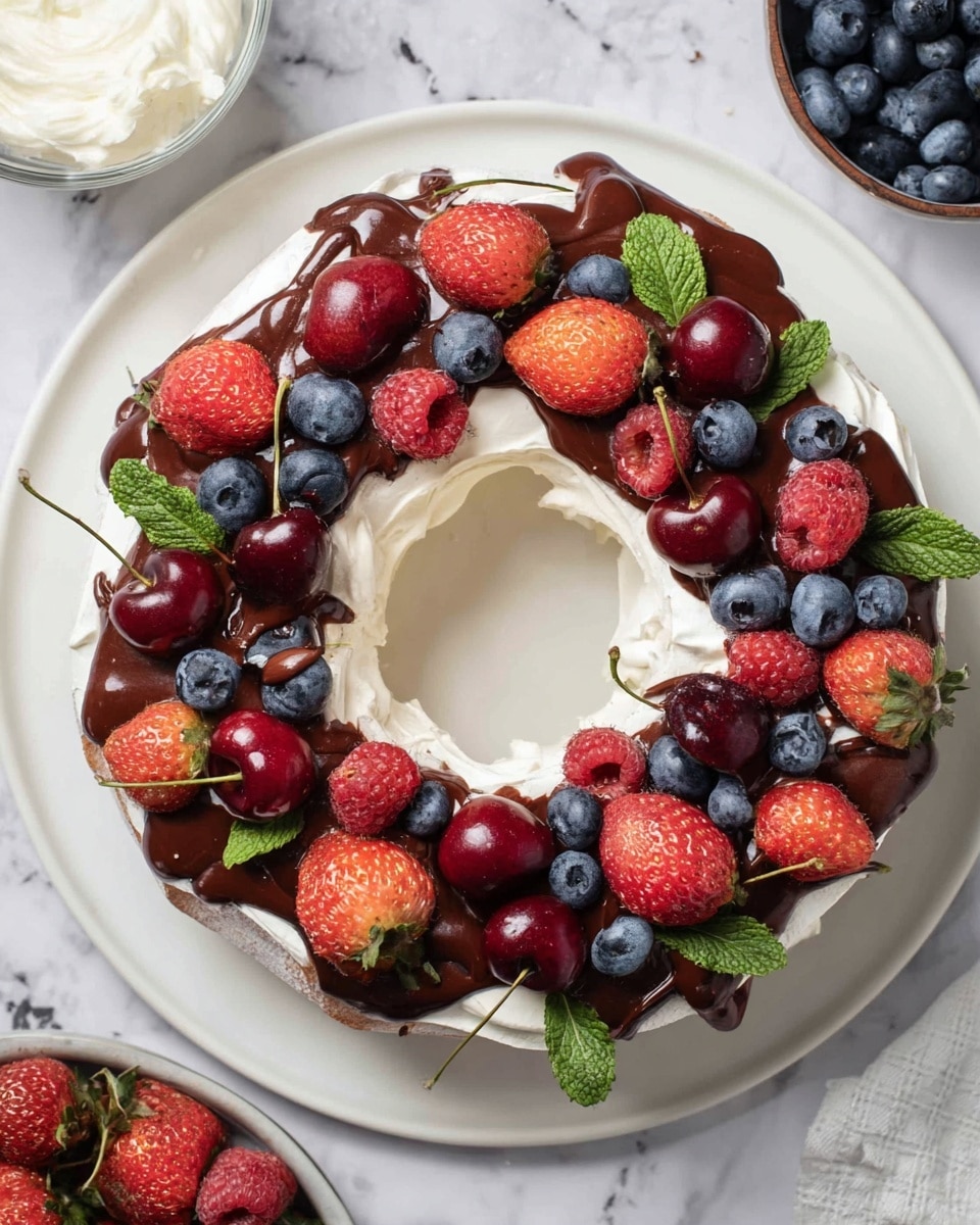 A white round dessert shaped like a ring is shown from above, with a base layer of smooth white cream. On top, there is a thick drizzle of dark chocolate sauce spread unevenly. Fresh red strawberries, raspberries, and cherries with stems, along with small blue blueberries, are scattered closely over the chocolate layer, making a colorful mix. Bright green mint leaves are placed among the berries for a fresh color touch. The dessert is placed on a white marbled surface, with parts of a bowl of blueberries and a glass bowl of cream visible nearby. photo taken with an iphone --ar 4:5 --v 7