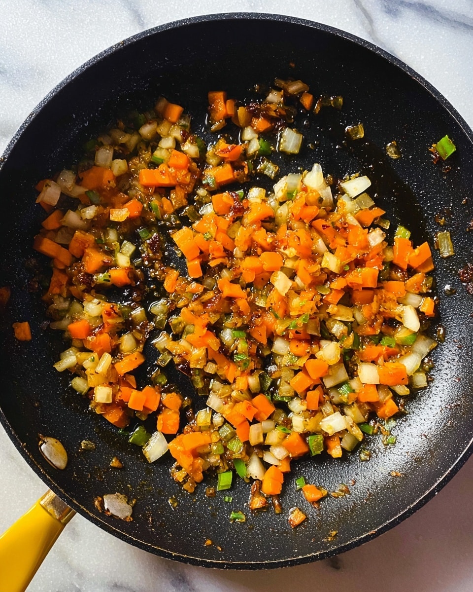 A close-up view of a black frying pan with a yellow handle containing small diced vegetables being cooked. The vegetables include bright orange pieces, light green bits, white chunks, and darker green slices, all mixed together and coated with a shiny layer of oil and light browning. The pan sits on a white marbled surface, and the texture of the vegetables looks slightly soft and sautéed with some caramelized edges. photo taken with an iphone --ar 4:5 --v 7