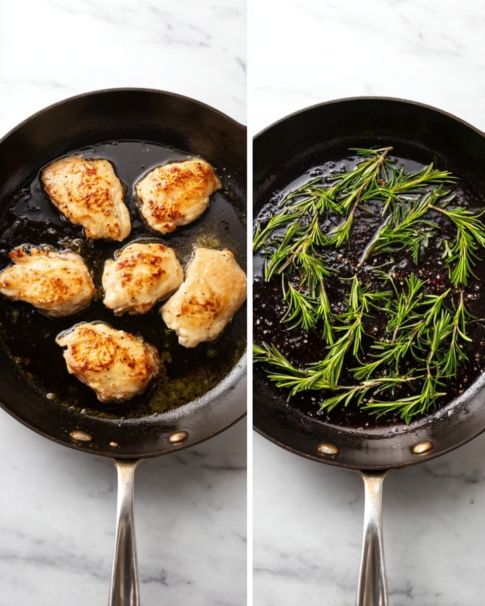 The image shows two side-by-side views of a black cast-iron pan on a white marbled surface. On the left side, the pan contains four golden-brown pieces of cooked chicken arranged in a loose cluster, with some oil shimmering around them. On the right side, the same pan is empty of chicken but holds several fresh green rosemary sprigs scattered across the surface with a hint of oil and seasoning visible. The pan has a long handle pointing towards the lower left corner. Photo taken with an iphone --ar 4:5 --v 7