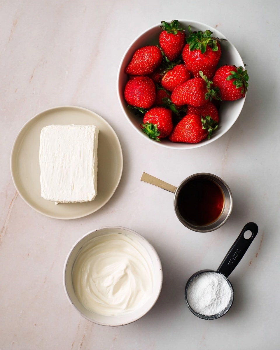 The image shows five separate items arranged on a white marbled surface. There is a white bowl filled with bright red strawberries with green leaves on top. Next to it is a small metal cup with a dark brown liquid inside. Below, a plain white bowl holds a smooth, white creamy substance. On the left side, a white plate carries a thick block of off-white cream cheese or similar soft cheese. At the bottom right, a black measuring spoon contains fine white powder, likely sugar or salt. photo taken with an iphone --ar 4:5 --v 7
