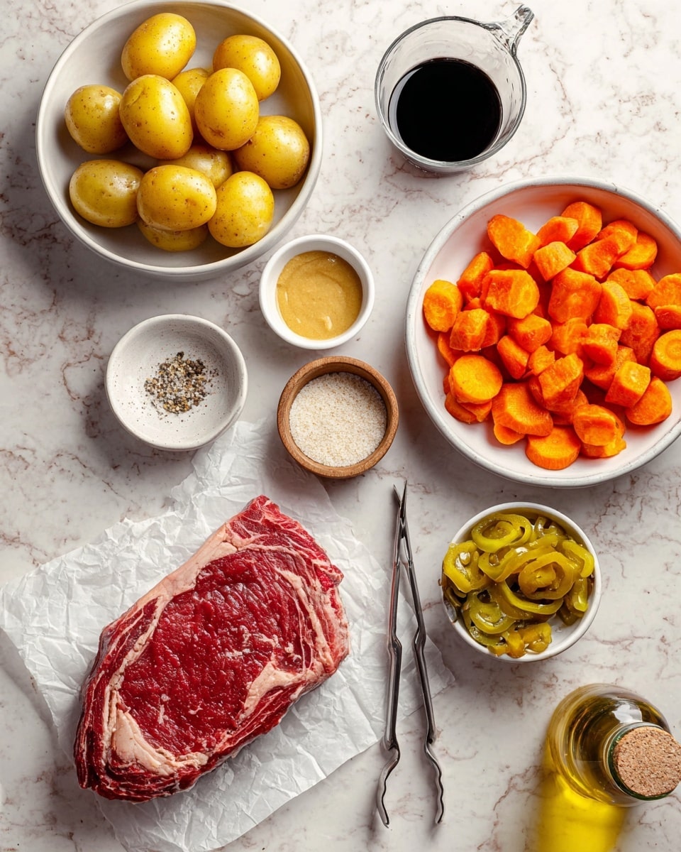 The image shows raw ingredients arranged on a white marbled surface: a thick, marbled cut of red raw steak placed on a white paper near metal tongs; to the top right, a white bowl filled with bright orange carrot pieces; to the left, a white bowl with yellow baby potatoes cut in half; small white dishes containing coarse salt and pepper, and whole yellow-green peppers; a small white bowl with tan mustard sauce; a small wooden bowl with a light powder (flour or seasoning); a glass measuring cup with dark liquid, and a glass bottle of oil on the far right. photo taken with an iphone --ar 4:5 --v 7