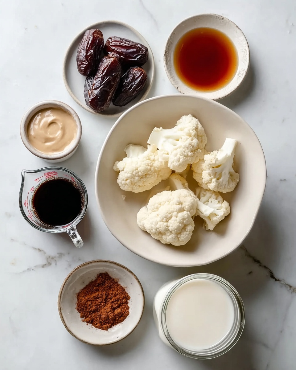 The image shows six white bowls and small jars arranged on a white marbled surface. In the center is a white bowl with several light cream-colored cauliflower florets, showing a soft, slightly bumpy texture. Around it are smaller white bowls and jars: on the top right, a small bowl with a dark amber liquid; on the top left, a bowl with five shiny, dark brown dates; on the bottom left, a small bowl filled with a reddish-brown powder; next to it is a small bowl of smooth beige tahini sauce; to the left, a glass measuring cup with dark coffee or syrup; and on the bottom right, a small jar with white liquid, likely milk. The items create a balanced layout with soft natural colors, textures, and simple forms, photo taken with an iphone --ar 4:5 --v 7