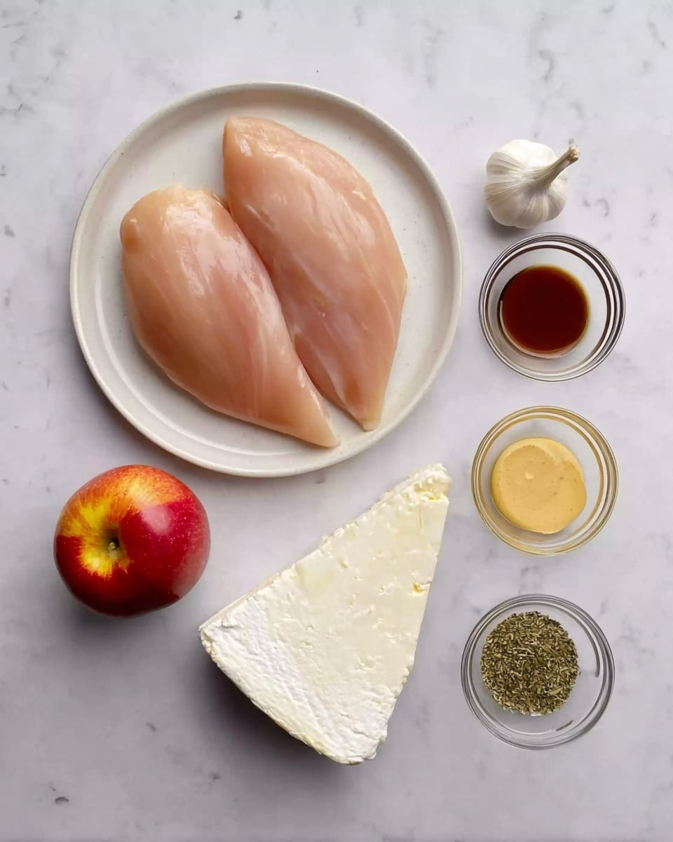 Two raw chicken fillets are placed side by side on a white plate, showing a smooth pale pink texture. Next to the plate, there is a small bright red apple with yellow shading. Below these items, a whole clove of garlic with white skin lies near a large wedge of soft cheese with a white rind and creamy interior resting directly on the white marbled surface. Nearby, three small transparent glass bowls hold different ingredients: one dark brown liquid, one light yellow creamy sauce, and one bowl with green dried herbs. All items are arranged neatly on a white marbled background, photo taken with an iphone --ar 4:5 --v 7