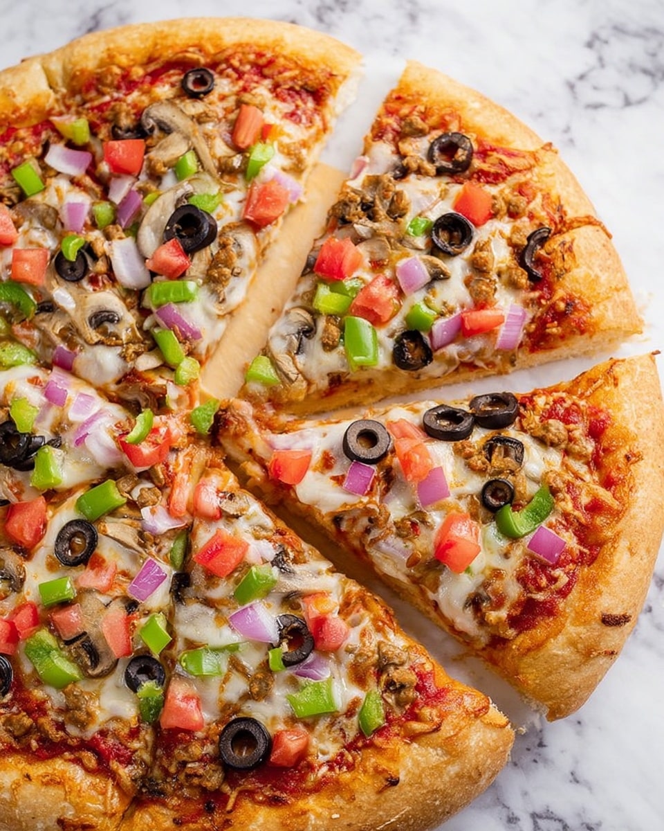 A pizza on white marbled surface is sliced into eight pieces with one slice slightly separated, showing three main layers. The bottom layer is light golden crust, soft and thick. Above it is a smooth red tomato sauce spread evenly. The top layer has melted white cheese with small brown textured bits, green bell peppers, black olive slices, diced red tomatoes, purple onion pieces, and thin sliced brown mushrooms scattered all over. Photo taken with an iphone --ar 4:5 --v 7