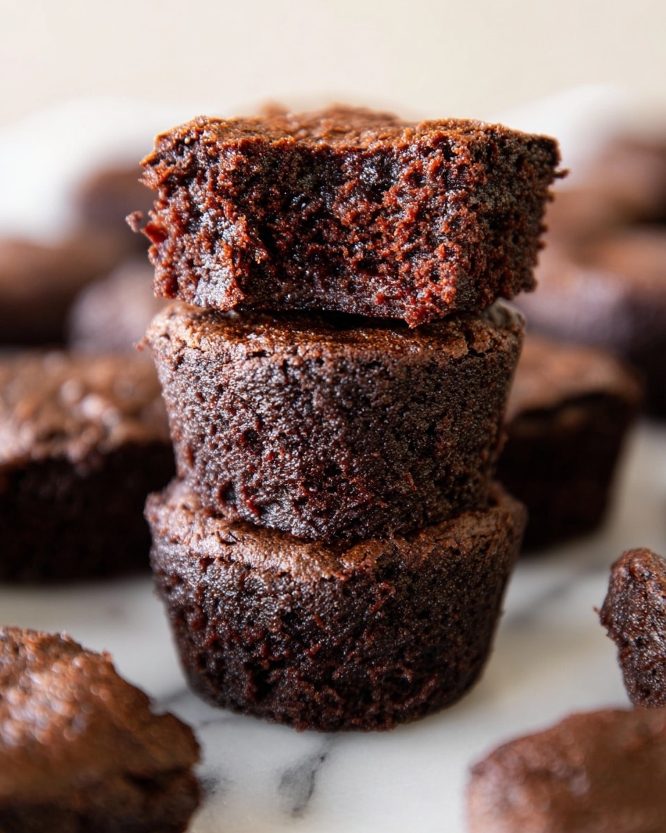 The image shows a stack of three rich dark brown chocolate brownies, with a close-up focus on the top brownie that has a bite taken out of it, revealing a moist, dense, and slightly crumbly texture inside. The brownies have a slightly crinkled top surface and a smooth, almost glossy finish on their sides, standing on a white marbled surface. Around the stack, there are more whole brownies scattered out of focus, creating depth. The lighting highlights the rich chocolate color, giving the image a warm, inviting feel. photo taken with an iphone --ar 4:5 --v 7