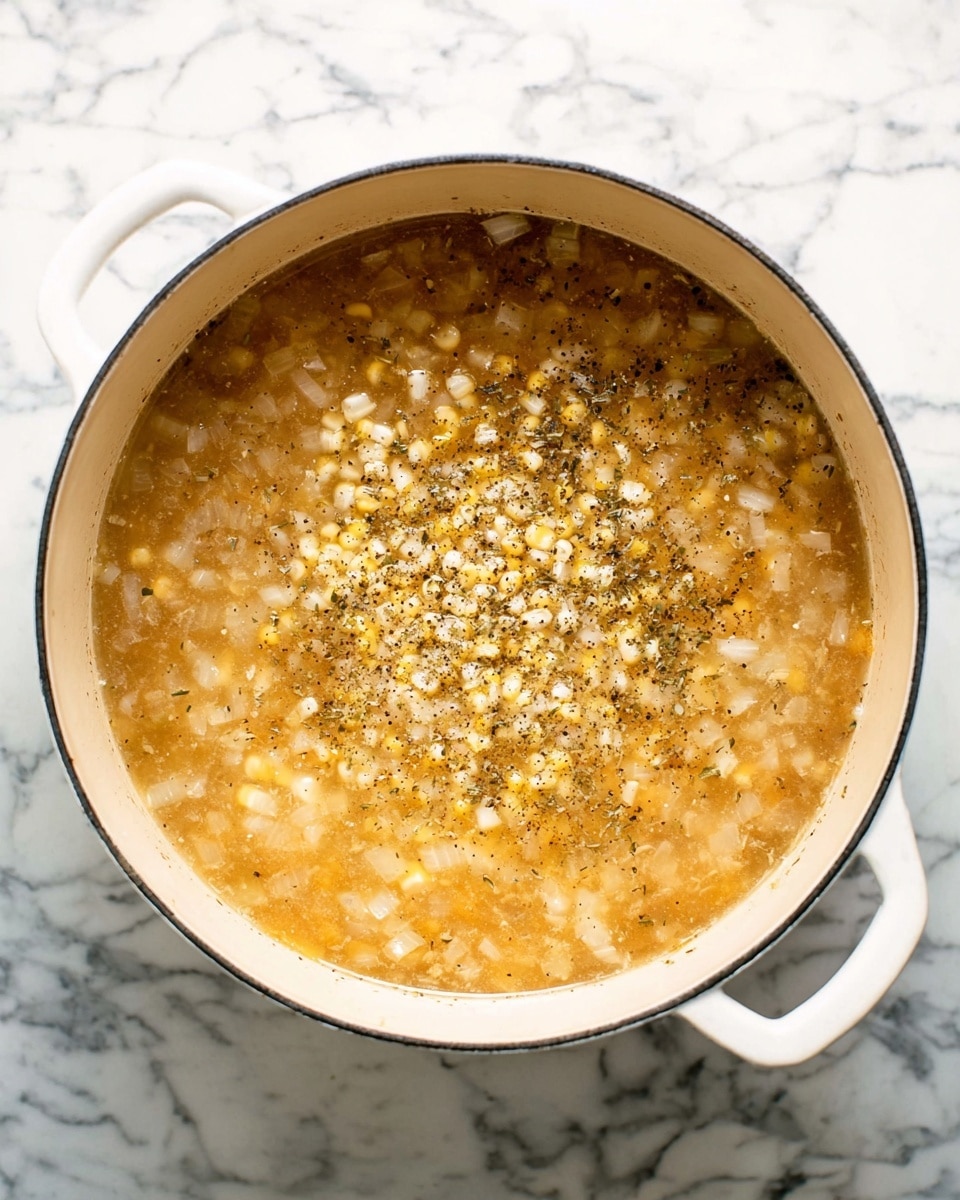 The image shows a large white pot filled with a thick soup or stew, sitting on a white marbled surface. Inside the pot, there are two main visible layers: the top layer is a mix of small white corn kernels and a sprinkling of black pepper or herbs, while the background layer is a light brown broth with small pieces of diced onions. The texture looks slightly watery with herbs floating on top. The pot has two white handles on either side. Photo taken with an iphone --ar 4:5 --v 7