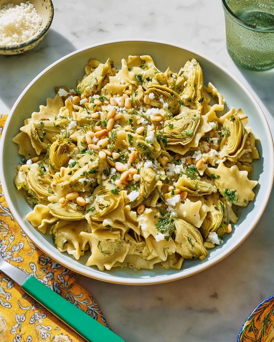 A white bowl filled with pasta that has wavy edges, mixed with greenish artichoke pieces and sprinkled with small white cheese crumbs and light brown pine nuts. There are small green herb bits spread throughout the dish. The bowl is placed on a white marbled surface, with a green-handled fork and a yellow patterned cloth nearby. A small bowl with grated cheese is also visible in the background. The photo taken with an iphone --ar 4:5 --v 7