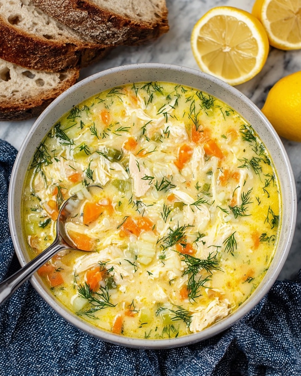 The image shows a white bowl filled with creamy chicken and rice soup. The soup has visible layers of shredded white chicken pieces, small diced orange carrots, tiny bits of celery, and rice mixed throughout a light yellow broth sprinkled with fresh green dill. A metal spoon rests on the left side inside the bowl. Behind the bowl, there are two slices of rustic brown bread and two lemon halves placed on a white marbled surface. The bowl sits on a blue and white cloth. Photo taken with an iphone --ar 4:5 --v 7