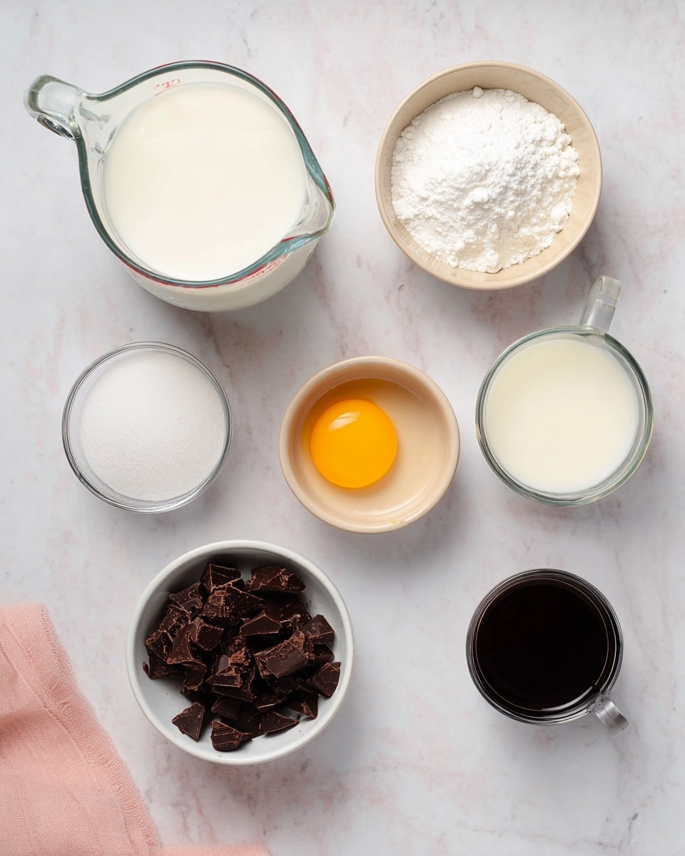 The image shows six small bowls and two glass measuring cups arranged on a white marbled surface. The top left bowl has white sugar with a smooth texture, and next to it on the right is a bowl filled with white powder that looks fluffy. Below these, there is a small beige cup holding a single egg yolk, bright yellow and shiny. On the left side, a large glass measuring cup is filled with white milk, and to its right, a smaller glass measuring cup holds a cream-colored liquid. At the bottom left, a white bowl contains small dark brown chunks of chocolate, rough and uneven, and beside it on the right, there is a small black cup with a dark liquid inside. A soft pink cloth is partially visible on the bottom left corner. photo taken with an iphone --ar 4:5 --v 7