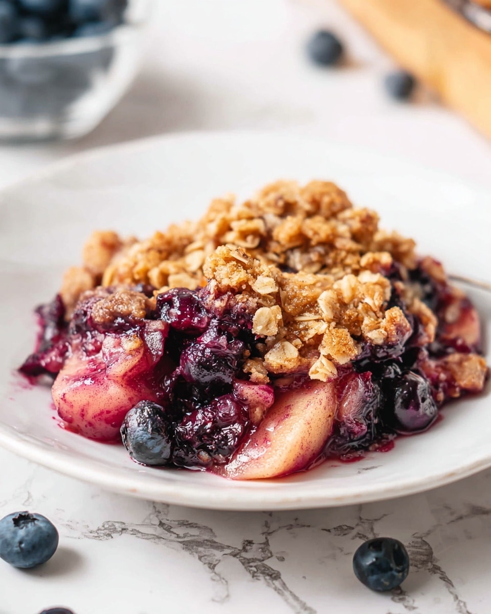 A white plate holds a serving of fruit crisp with two clear layers: a bottom layer of cooked, soft, purple blueberries and pinkish diced apples, with a shiny, moist look, and a top layer of golden brown oat crumble with small chunks and a crunchy texture. The plate rests on a white marbled surface, with a few blueberries scattered around in the background. The light is soft, making the colors of the fruit and crumble stand out. photo taken with an iphone --ar 4:5 --v 7