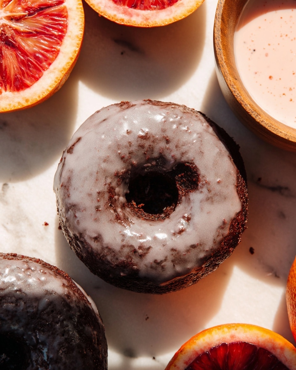 The image shows two dark brown chocolate donuts with a shiny, slightly white glaze on top, placed on a white marbled surface. The donuts have a rough texture with small cracks and crumbles. Near the upper left and right edges, there are two halves of a bright red and orange blood orange with a juicy, textured inside. In the upper right corner, there is a small wooden bowl filled with a pale pink sauce that has a smooth surface with tiny darker specks. Soft sunlight casts shadows across the scene, highlighting the glossy glaze of the donuts and the vibrant colors of the oranges. Photo taken with an iphone --ar 4:5 --v 7