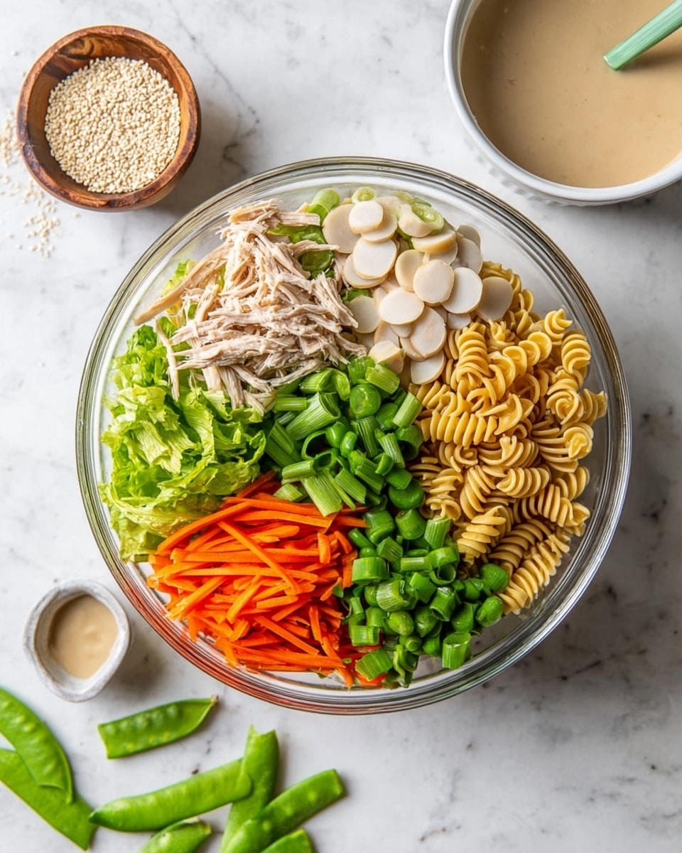 A clear bowl filled with seven distinct layers of ingredients arranged neatly on a white marbled surface: shredded chicken in light beige, round slices of water chestnuts in off-white, thin orange matchstick carrots, bright green sliced scallions piled in the center, whole green snap peas, light yellow rotini pasta, and crispy brown chow mein noodles, plus a section of light green leafy lettuce. Surrounding the bowl, there is a small wooden bowl of white sesame seeds, a white bowl with creamy beige dressing and a green spatula, with some scattered snap peas and chow mein noodles nearby. Photo taken with an iphone --ar 4:5 --v 7